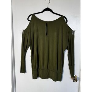 Boston Proper Green Cold Shoulder Top M Long Sleeve Boho Keyhole Banded Hem